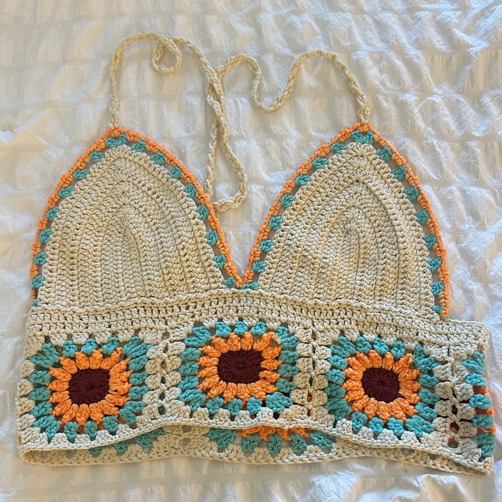 Altar'd State Crochet Halter Top - Cream, Orange, Blue